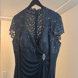 Navy Lace & Sequin Evening Dress with Embellished Waist